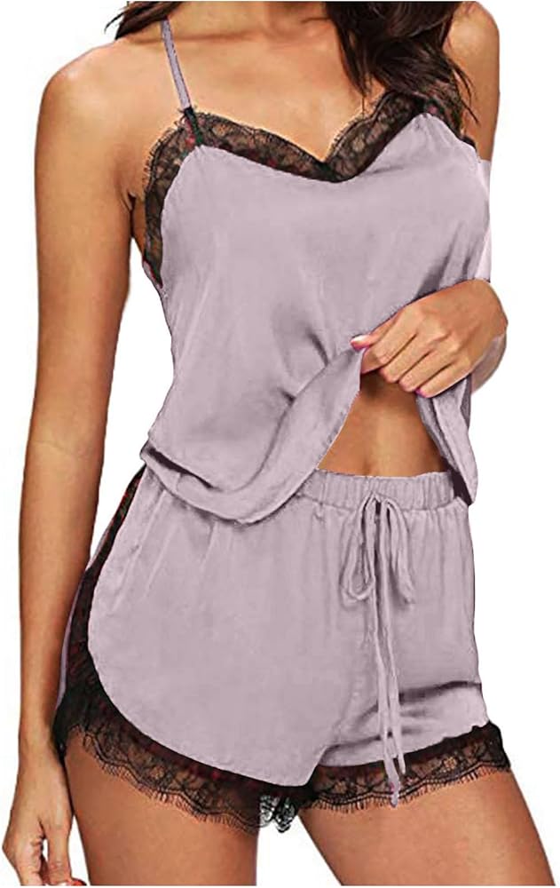 Womens Lace Trim Pajamas Sets Loungewear Two-Piece Sleepwear Sleeveless Halter Tops and Drawstring High Waist Shorts