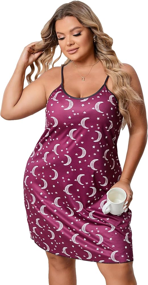 SHENHE Women's Plus Size Star Moon Print Sleepwear Sleeveless Cami Nightgown Pajama Dress