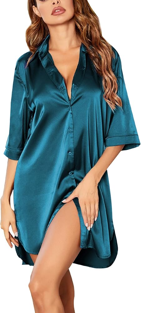 Ekouaer Women's Satin Nightshirt Button Down Sleepshirt Silk 3/4 Sleeve Nightgown Boyfriend Notch Collar Sleepwear S-3XL