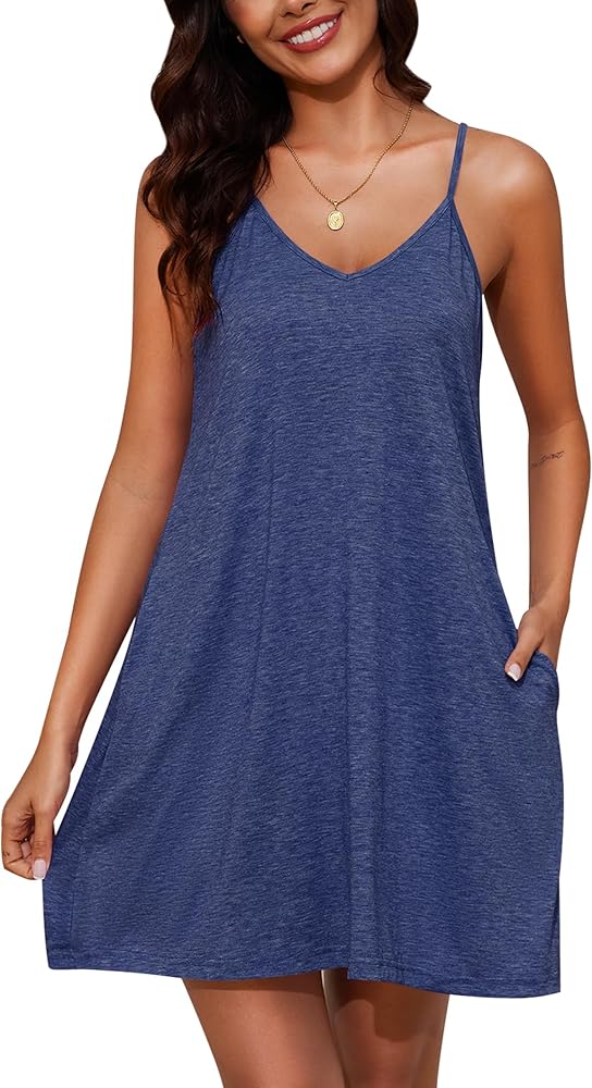 Marvmys Womens Cotton Sleeveless Nightgown Spaghetti Strap V Neck Full Slip Sleep Dress with Pockets