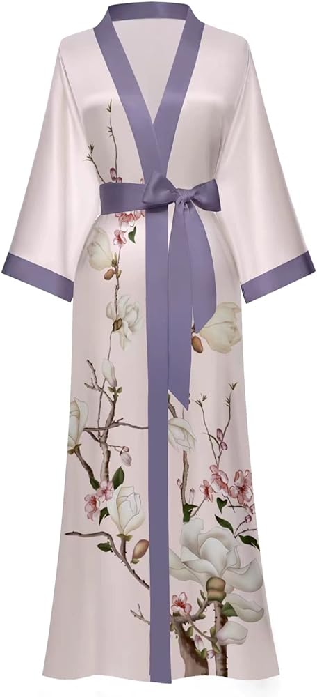 Moreone Women's Long Kimono Robe Floral Silk Robes Satin Bathrobe Sleepwear Print Silky Nightgown Wedding Robe