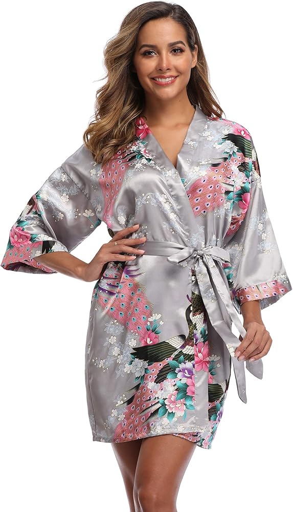 Women's Short Bathrobe Floral Robe Silky Nightgown Lightweight Sleepwear Satin Bridesmaids Bridal Party