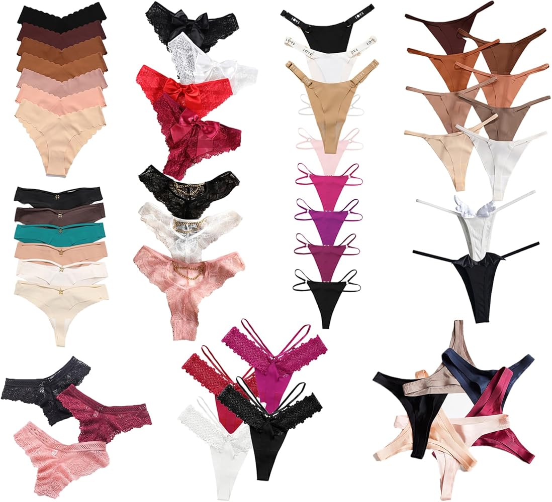 Women's Underwear Variety Pack Panties, Kinds of T-Back G-String Thongs, Lacy Briefs Hipsters Bikinis Undies Assorted