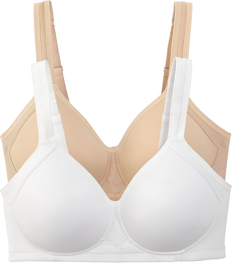 Vanity Fair Medium Impact Sports Bras for Women, Breathable, Moisture Wicking, Padded Cups up to DDD, Wireless-2 Pack-Neutral/White, 36C