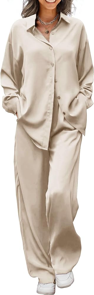 Ekouaer Womens 2 Piece Silk Satin Pajama Set Long Sleeve Lounge Sets Button Down Shirts and Pants PJs Soft Sleepwear Sets