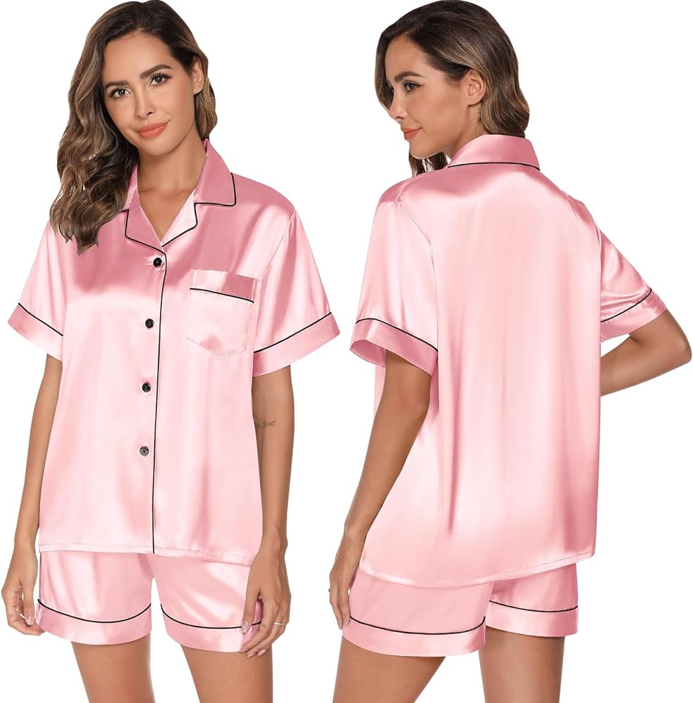 GAESHOW Satin Pajamas for Women, Short Sleeve Silk Pajama Set with Shorts Two Piece Pj Sets Button-Down Sleepwear Loungewear