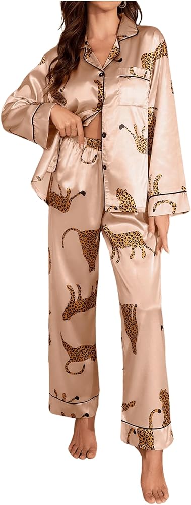 SOLY HUX Women's Silk Satin Leopard Print Sleepwear Long Sleeve Button Down Shirt and Pants Pajama Set Loungewear