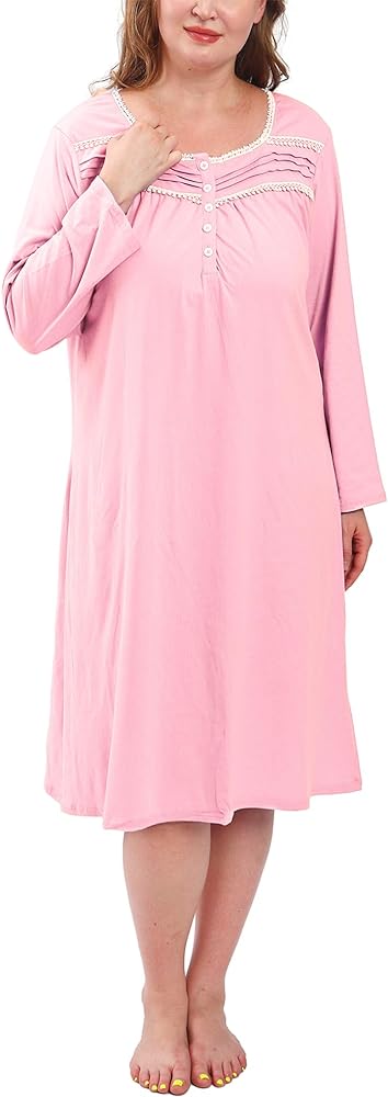 Nightgowns for Women Plus Size, 100% Cotton Womens Nightgowns, Long Sleeve Ladies Nightdress Night Gown