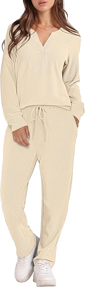 DEEP SELF Womens Waffle Knit Pajama Sets Long Sleeve Sleepwear and Long Pants Soft Pjs Loungewear with Pockets