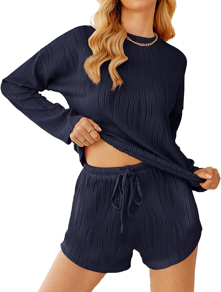 Lounge Sets for Women Textured Pajamas Comfy 2 Piece Loungewear Long Sleeve Tops Drawstring Shorts Trendy