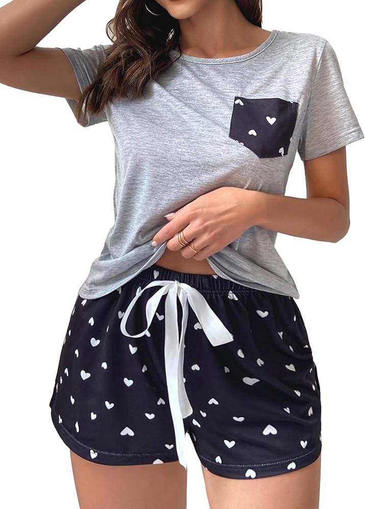 LYANER Women’s Short Pajama Set Cute Print Tee with pocket and Shorts Sleepwear Pjs Sets