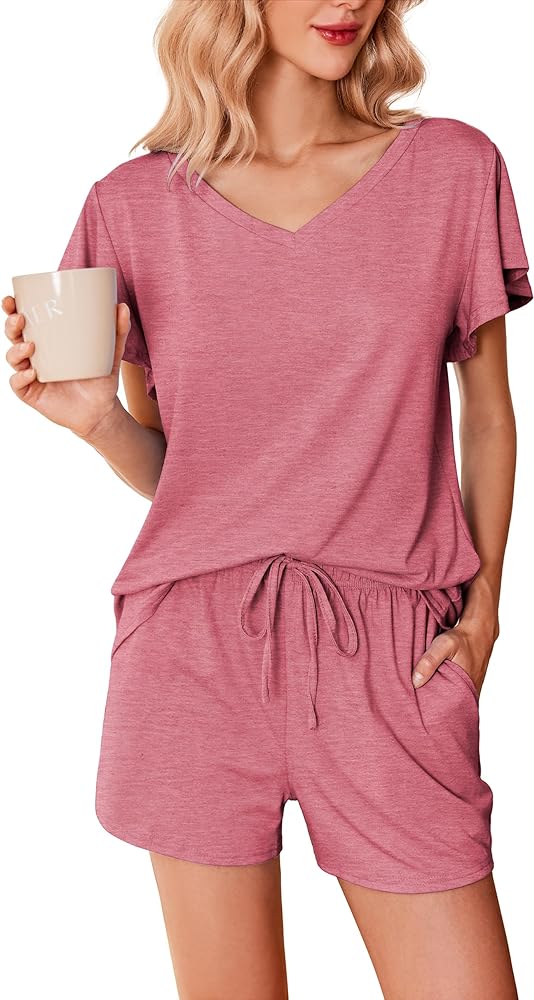 Ekouaer Women's Pajamas Set Ruffle Sleeves Sleepwear V Neck Comfy 2 Piece Pjs Loungewear Set with Pockets S-XXL