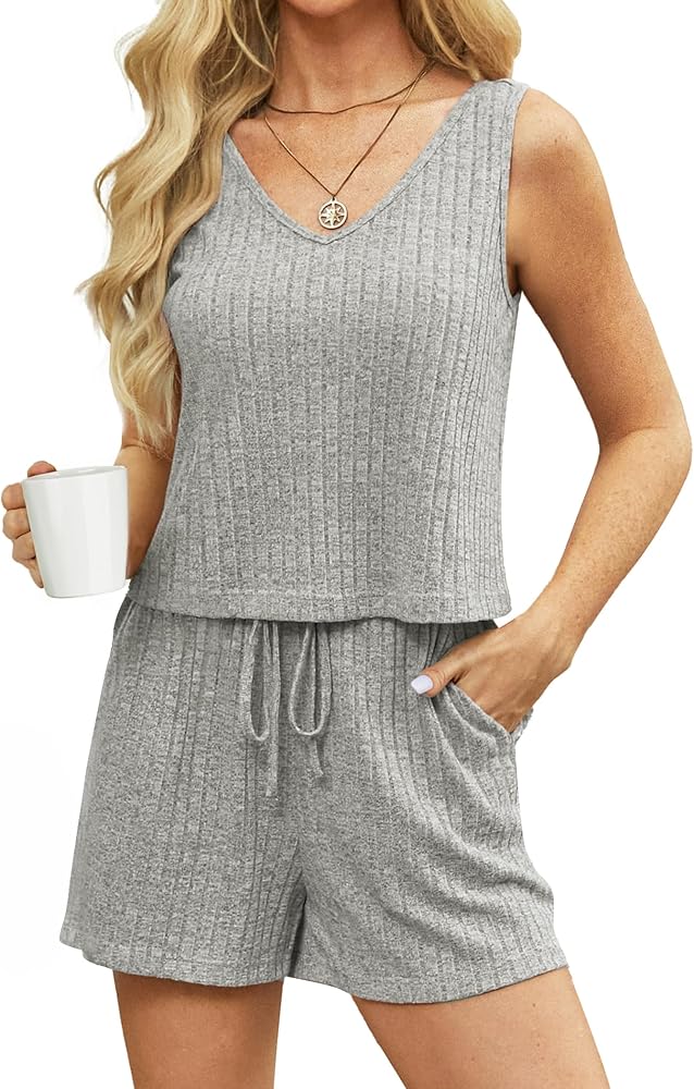 JUSTFASHIONNOW Womens Pajama Sets with Pockets Ribbed Knit 2 Piece Lounge Set Summer Sleepwear Cute PJ Set Loungewear