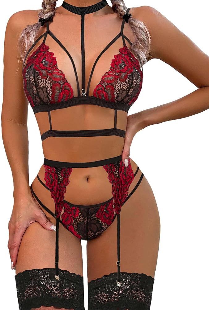 Avidlove Lace Garter Lingerie Set with Removable Choker Teddy Babydoll Strappy Bra and Panty Set (No Stockings)