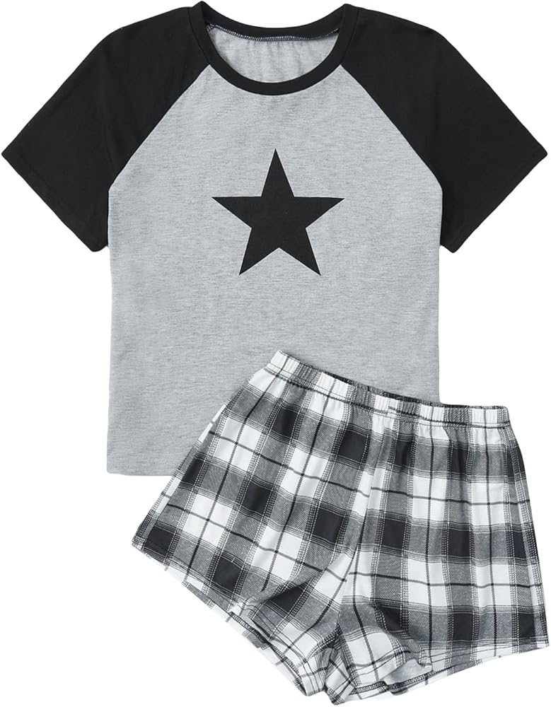 Verdusa Women's Two Piece Star Print Raglan Sleeve Tee and Plaid Shorts PJ Sets