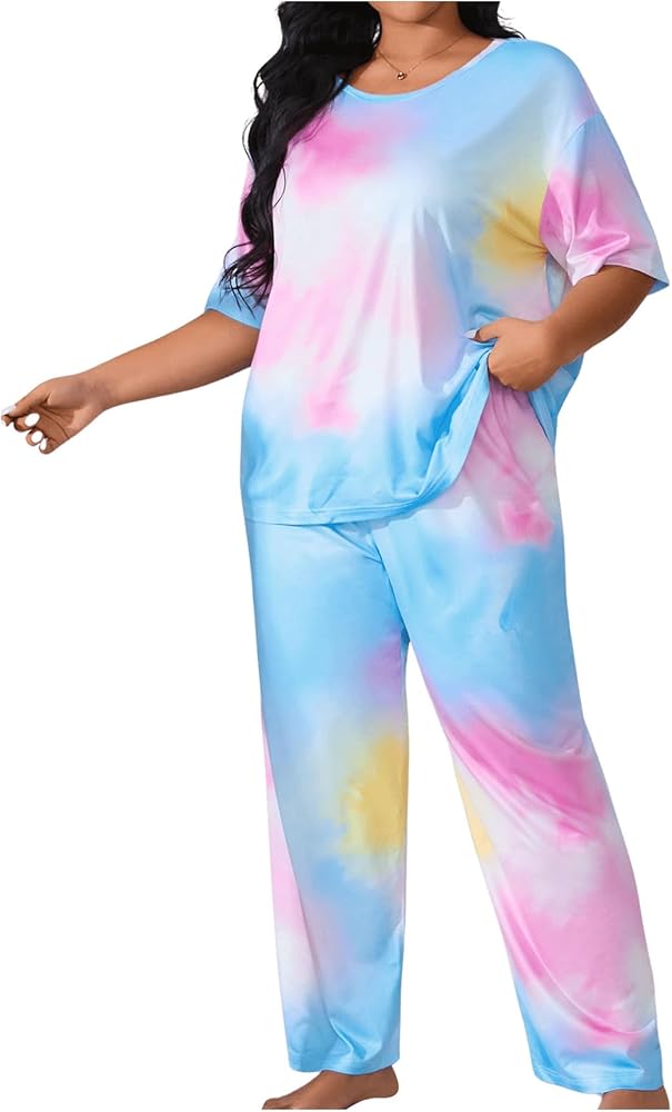 SOLY HUX Women's Plus Size Pajama Set Tie Dye Short Sleeve T Shirt and Pants Lounge Set 2 Piece Sleepwear