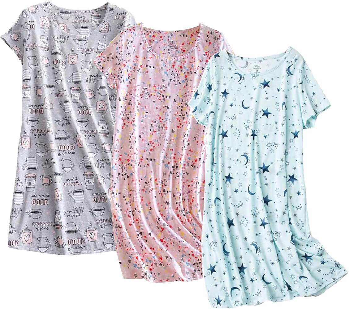 Arssm 3 Pack Women Nightgowns Sleepwear Cotton Short Sleeves Nightshirt Casual Floral Print Soft Sleepdress