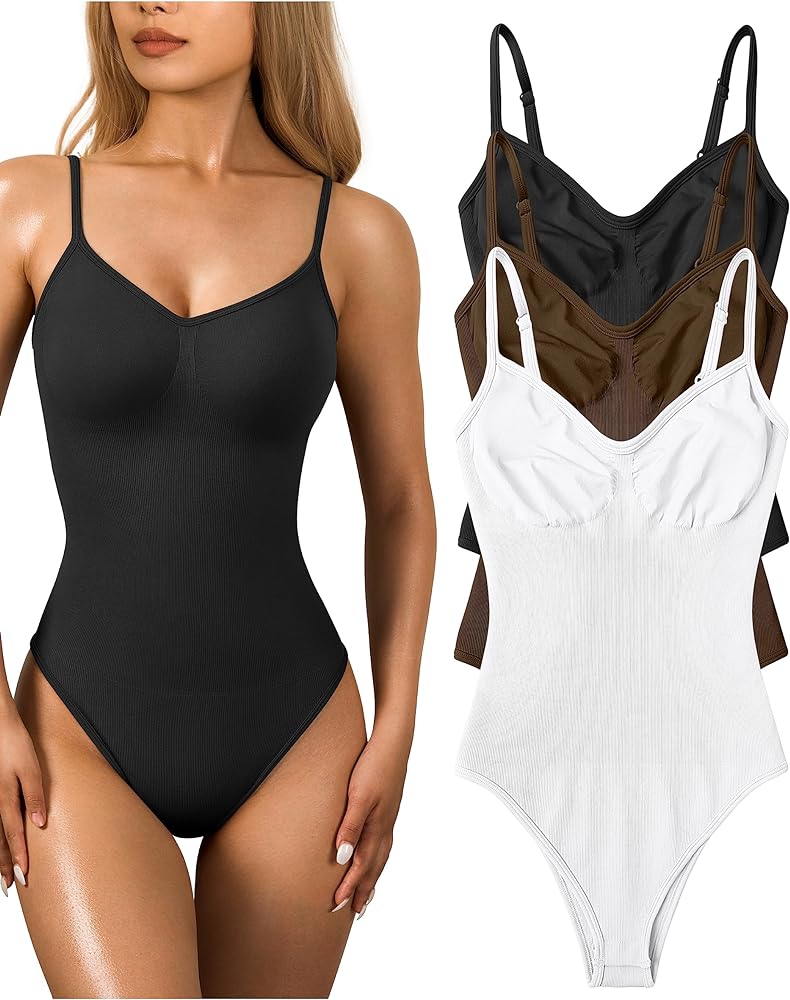 OQQ Women's 3 Piece Bodysuits Sexy Ribbed Sleeveless Adjustable Spaghetti Strips Shapewear Tops Bodysuits