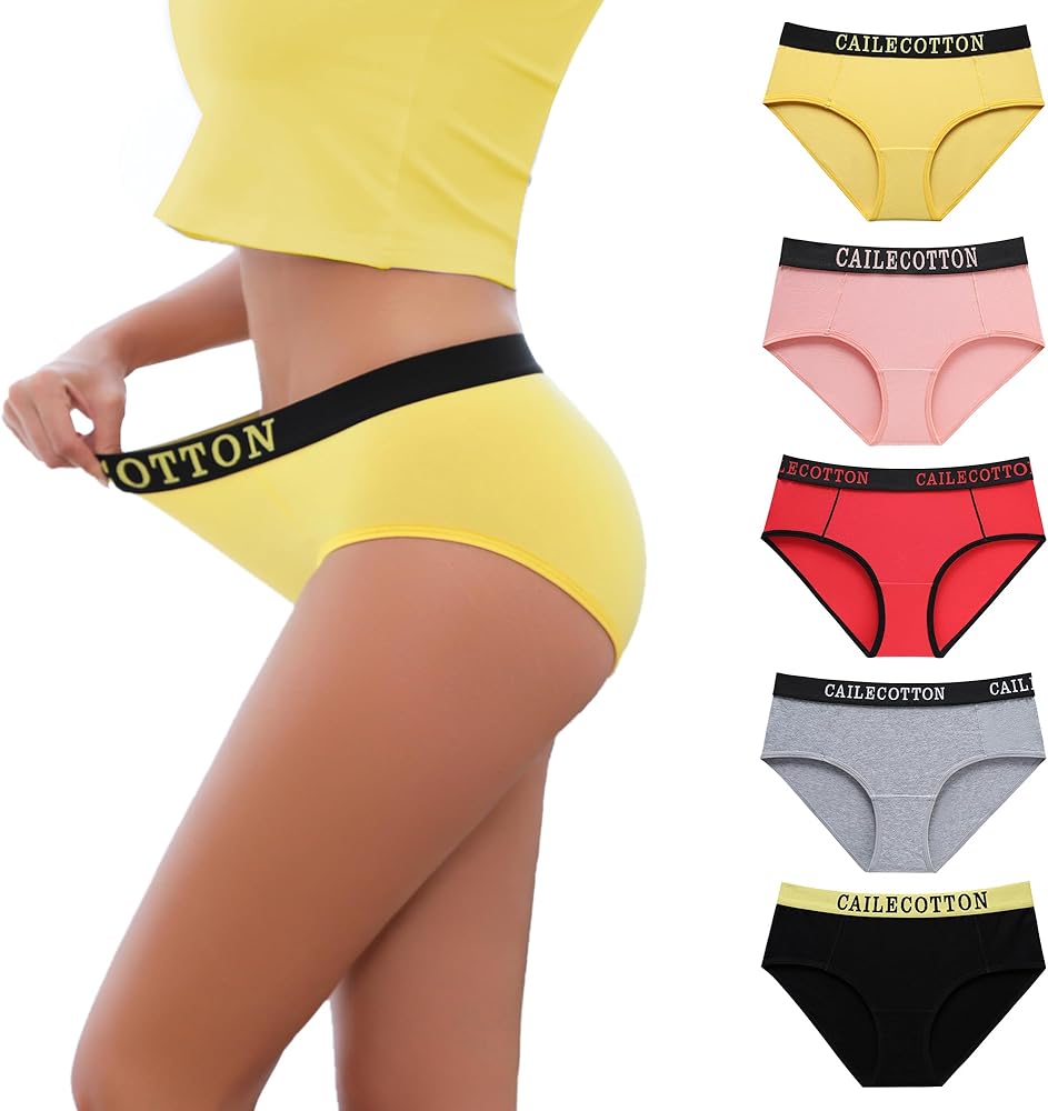 CAILECOTTON High Waisted Underwear for Women Cotton Underwear Stretch Soft Full Coverage Briefs 5 Pack Multicolor