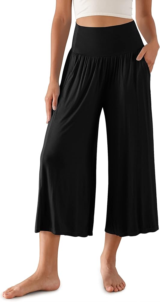 ODODOS Women's Wide Leg Palazzo Lounge Cropped Pants with Pockets Light Weight Comfy Pajama Capri Pants-20/22"/ 24" Inseam