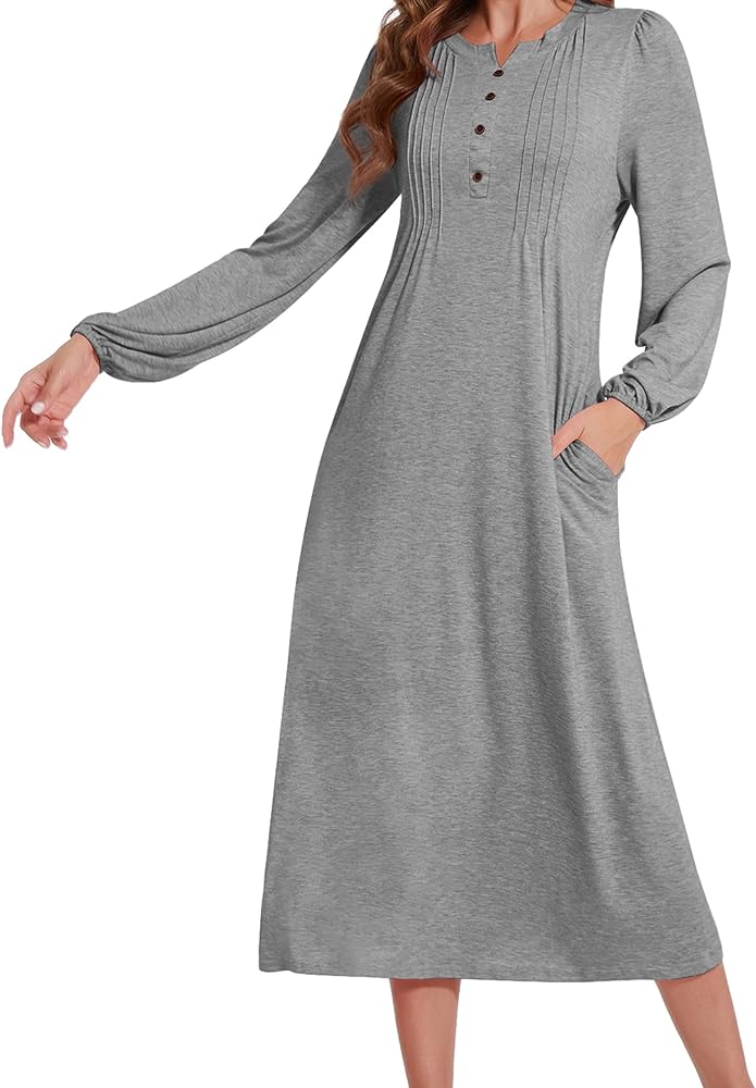 Women Long Sleeve Nightgowns Soft Cotton Button Nightshirt Pockets Full Length Sleepshirt Casual Sleepwear Pajama Dress