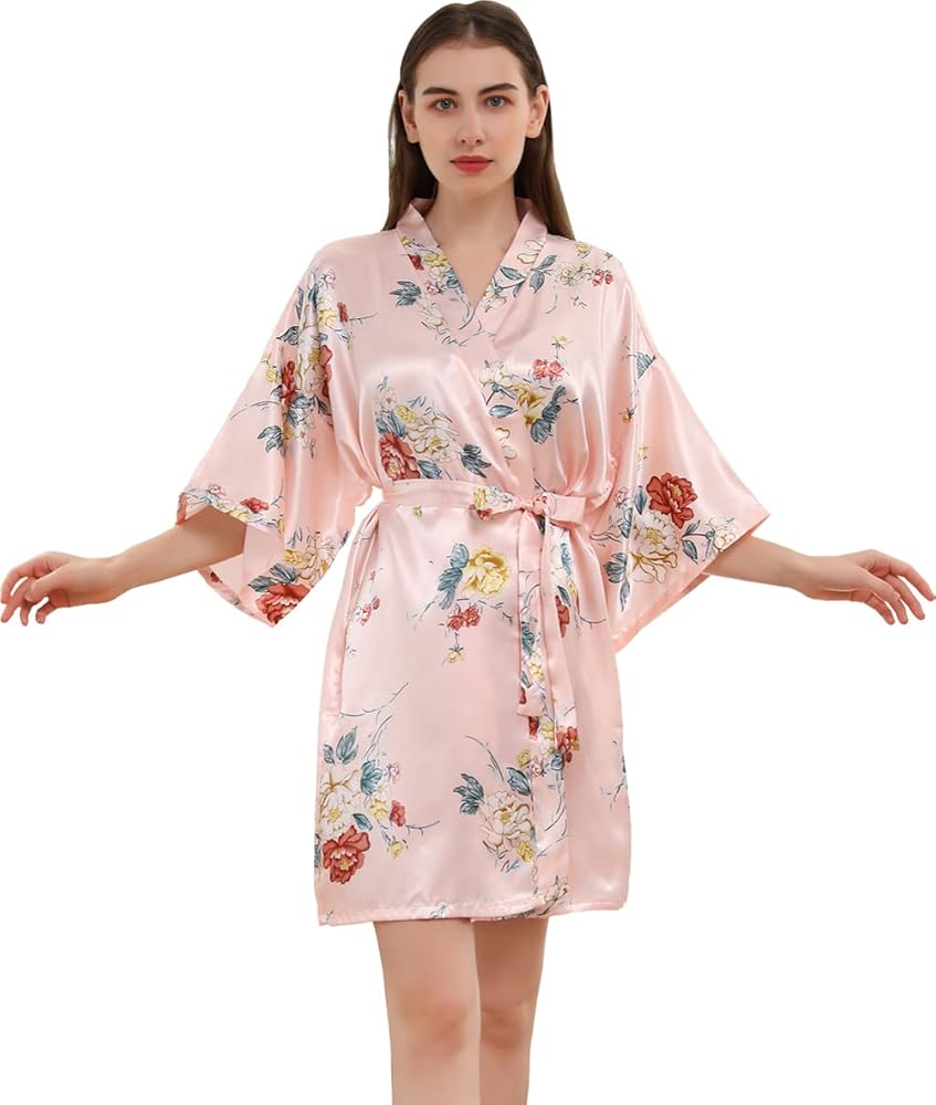 Women Floral Satin Robe Silky Bridal Bridesmaid Robe Short Kimono Dressing Gown for Wedding Party Sleepwear