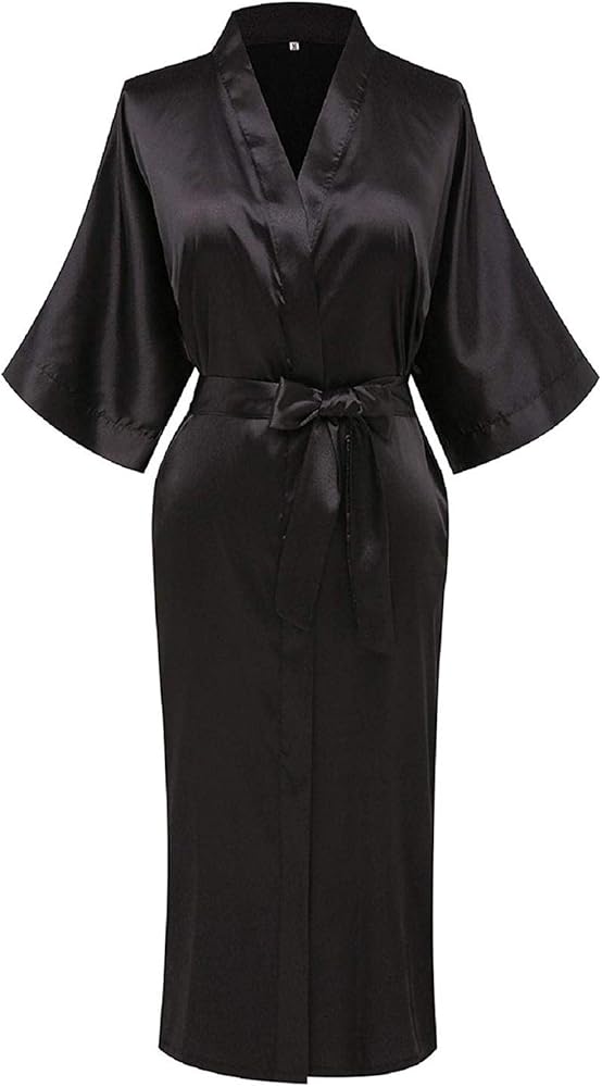 Women's Silky Kimino Robes Long Pure Color Bathrobes Lightweight Satin Wedding Party Robe Soft Sleepwear with Pockets