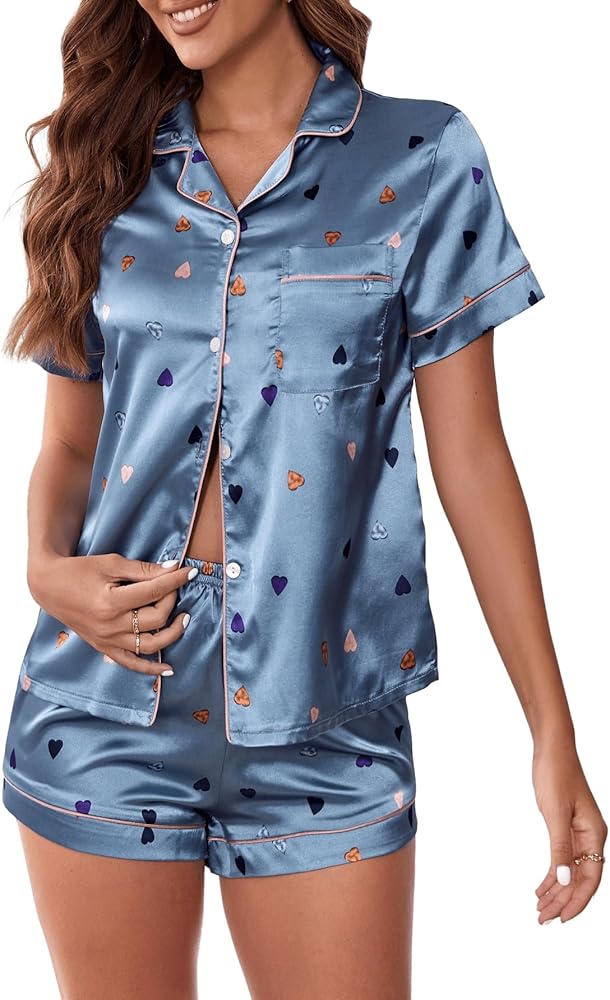 WDIRARA Women's Sleepwear 2 Piece Satin Floral Print Short Sleeve Shirt and Shorts Silk Pajama Set