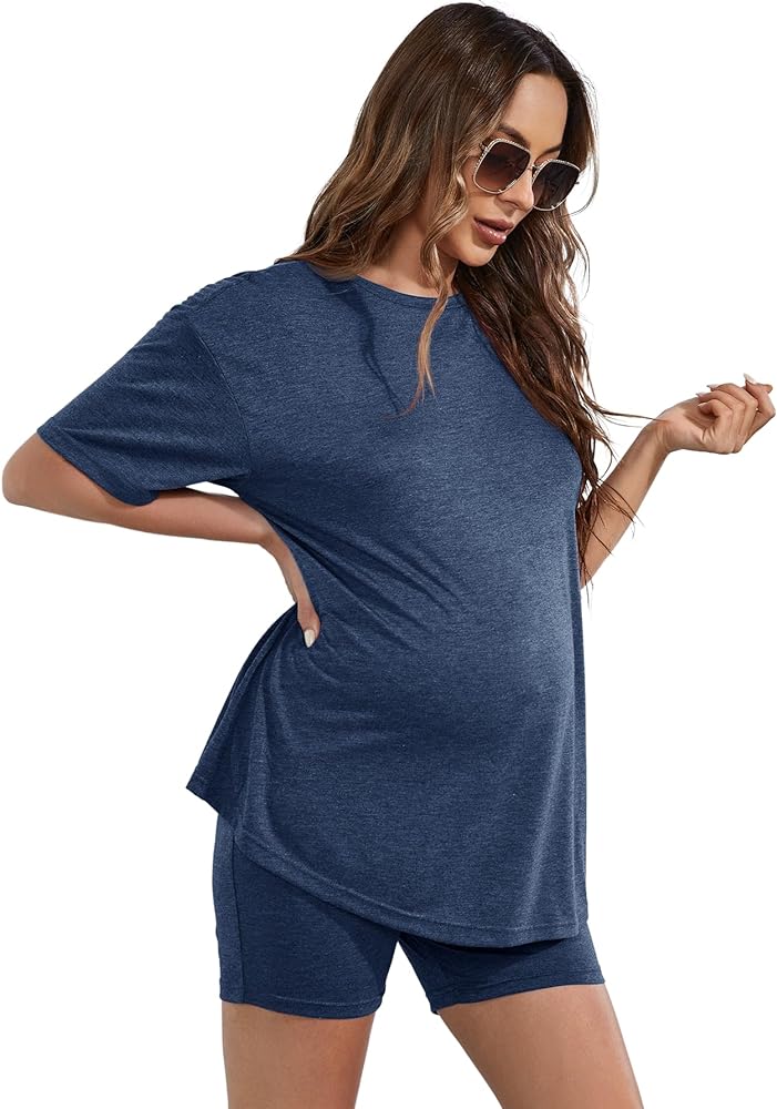 SOLY HUX Women's Maternity Sets 2 Piece Pajamas Outfits Short Sleeve Top and Adjustable Elastic Waist Shorts