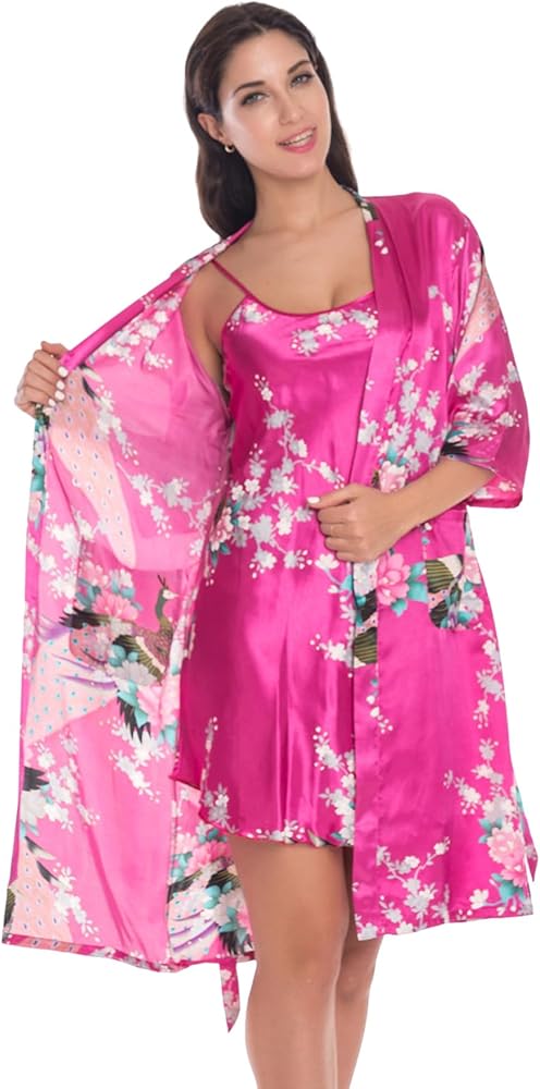 Women's Satin Nightgown with Robes Set 2 Piece Sleepwear Sexy Slip Gown Pajamas Set Silky Cami Nightwear