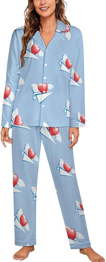 Paper Plane Women's Long Sleeve Button Down Sleepwear Soft Nightwear Lounge Pajamas Set