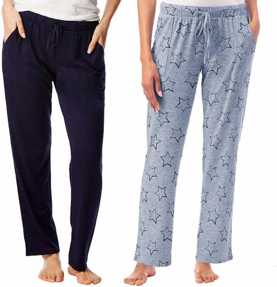 Lucky Brand Women's 2 Pack Straight Leg Lounge PJ Pants with Drawstrings and Pockets (Stitched Stars/Navy, Small)