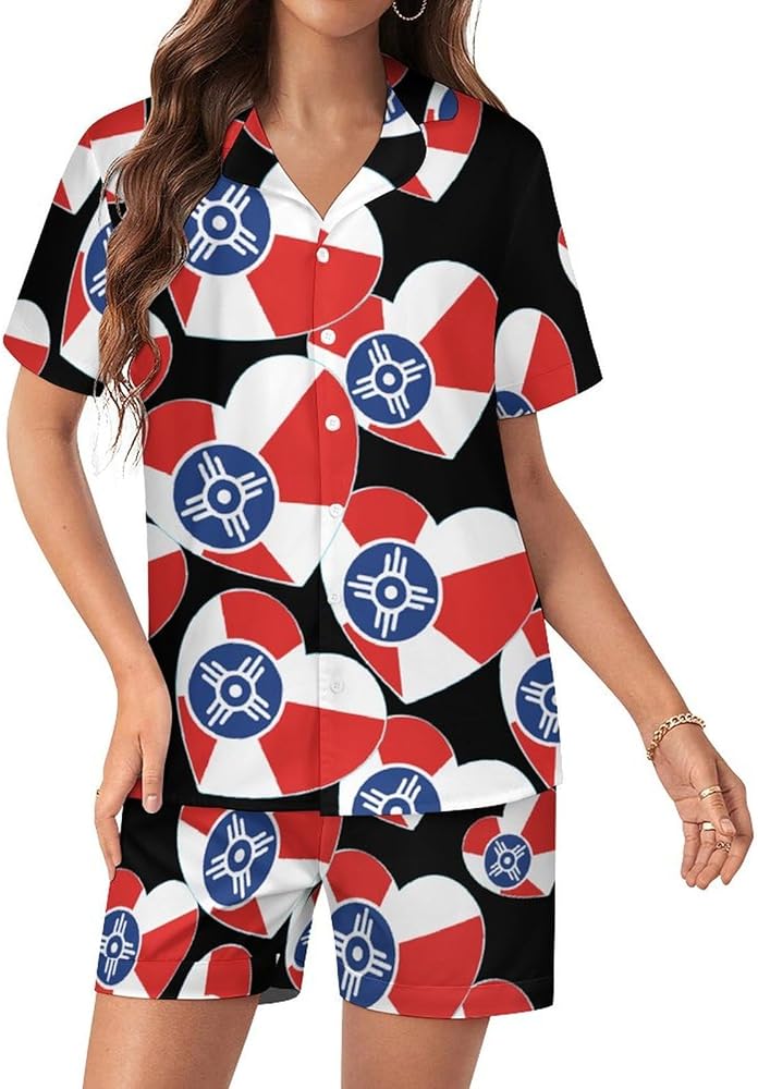 Wichita Flag Heart Women's Pajamas Set Two Piece Button Down Sleepwear Short Sleeve And Shorts Loungewear