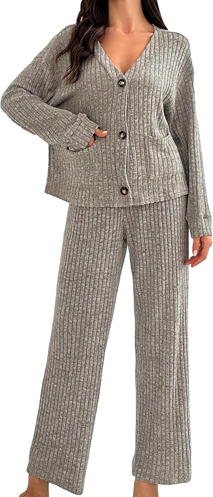 MakeMeChic Women's Lounge Set 2 Piece Ribbed Pajamas Set V Neck Button Down Top Pants Sleepwear