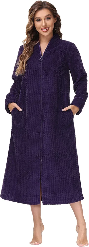 INK+IVY Embossed Plush Front Zipper Robe for Women - Full-Length Housecoat - Ladies Bathrobe Loungewear with Pocket, Collar & Cuff, Rich Concord, L