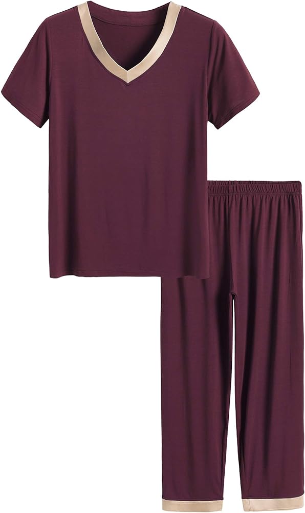 Latuza Women's V-neck Sleepwear Short Sleeves Top with Pants Pajama Set