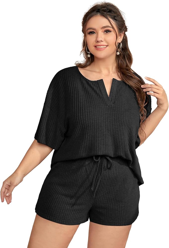 SOLY HUX Women's Plus Size Waffle Knit Short Sleeve Top and Shorts Pajama Set Sleepwear