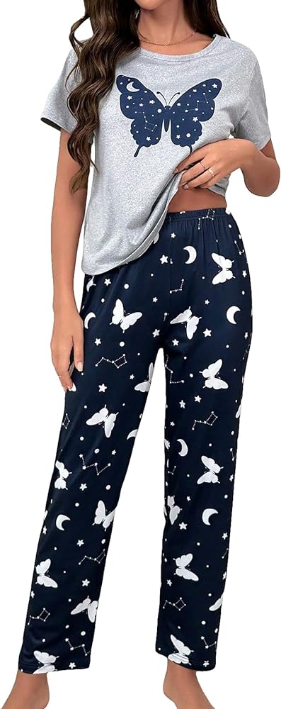 SOLY HUX Women's Sleepwear Butterfly Print Short Sleeve Tee Tops and Pants Loungewear Pajama Set