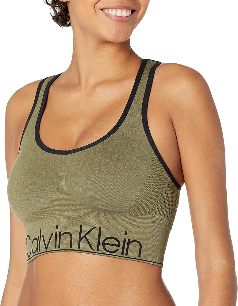 Calvin Klein Performance Women's Medium Impact Round V-Neck Long Line Racerback Seamless Sports Bra with Removable Cups