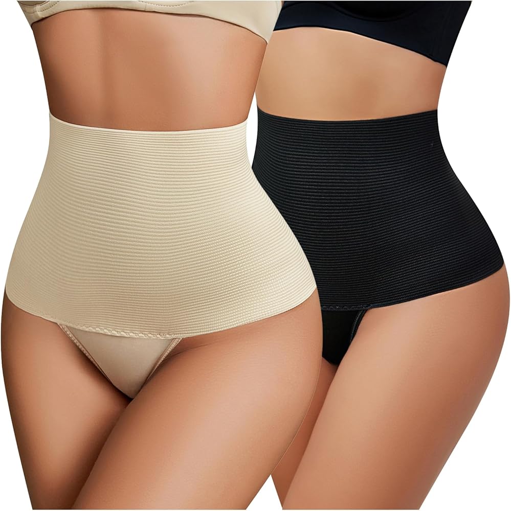 Avidlove Shapewear for Women Slimming Panty Underwear Mid Waist Body Shaper Brief Sexy Tummy Control Thongs 2 Packs Black+Beige L