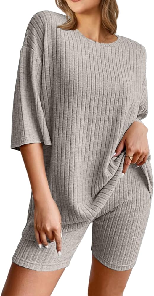 NORACORA Pajamas 2 Piece Lounge Sets Ribbed Knit for Women Matching T-shirt Shorts Outfits Sleepwear