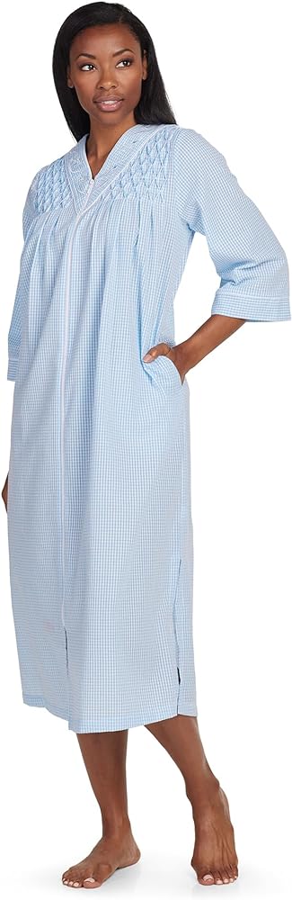 Miss Elaine Long Seersucker Women's Robe, Pockets and Zipper with Front Embroidered Trim, Sleepwear & Loungewear