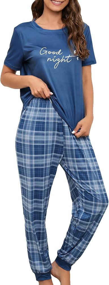 Verdusa Women's Letter Print Short Sleeve Tee Top and Plaid Pants Loungewear Pajama Sets