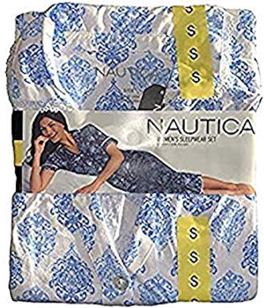 Nautica Women's 2 Piece Short Sleeve Button Front Top, Capri Pant Sleepwear Pajama Set (XX-Large, Blue)