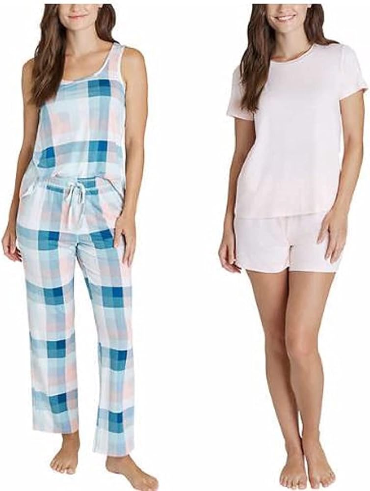 Eddie Bauer Women 4-Piece Pajama Set (Small, Teal Squares)