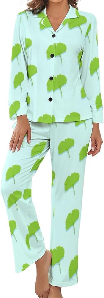 Green Ginkgo Leaves Women's Pajama Set Loungewear Long Sleeve Top With Pants Button Sleepwear Pj Suit