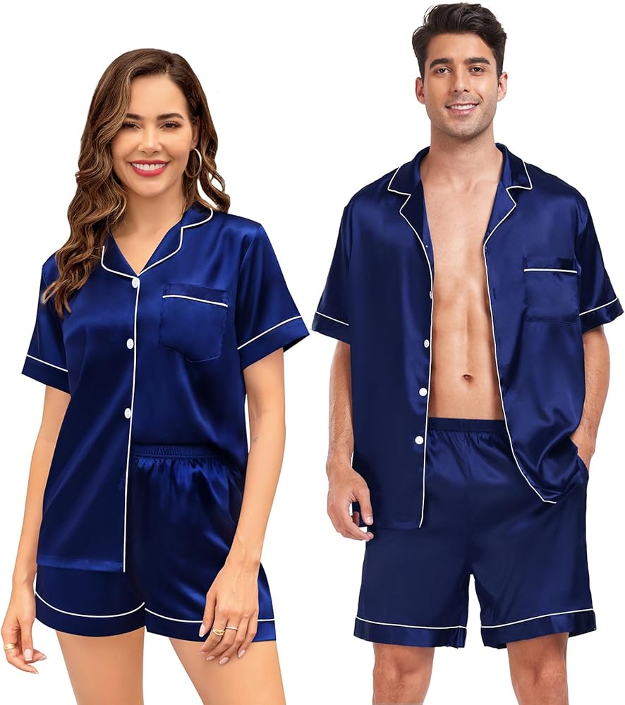 SWOMOG Couple Matching Pajamas Sets Button Down Silk Pjs Short Sleeve Soft Lounge Sets 2 Pcs Loungewear