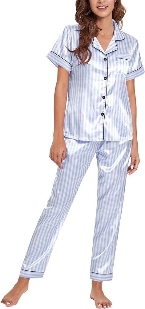 Women's Striped Silk Pjs Short Sleeve Pajamas Set 2 Piece Satin Sleepwear Loungewear