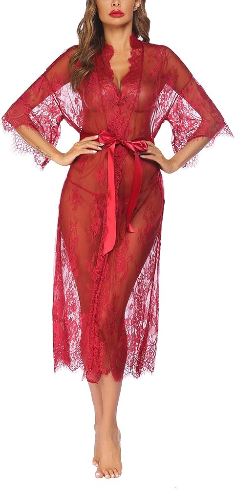 Avidlove Women Sexy Long Lace Lingerie Kimono Robe Sheer Babydoll Nightgown Nightdress