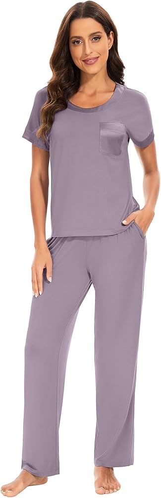 WiWi Pajamas for Women Short Sleeve Pajama Sets Soft Top and Pants Sleepwear Lightweight Pjs Lounge Set S-XXL